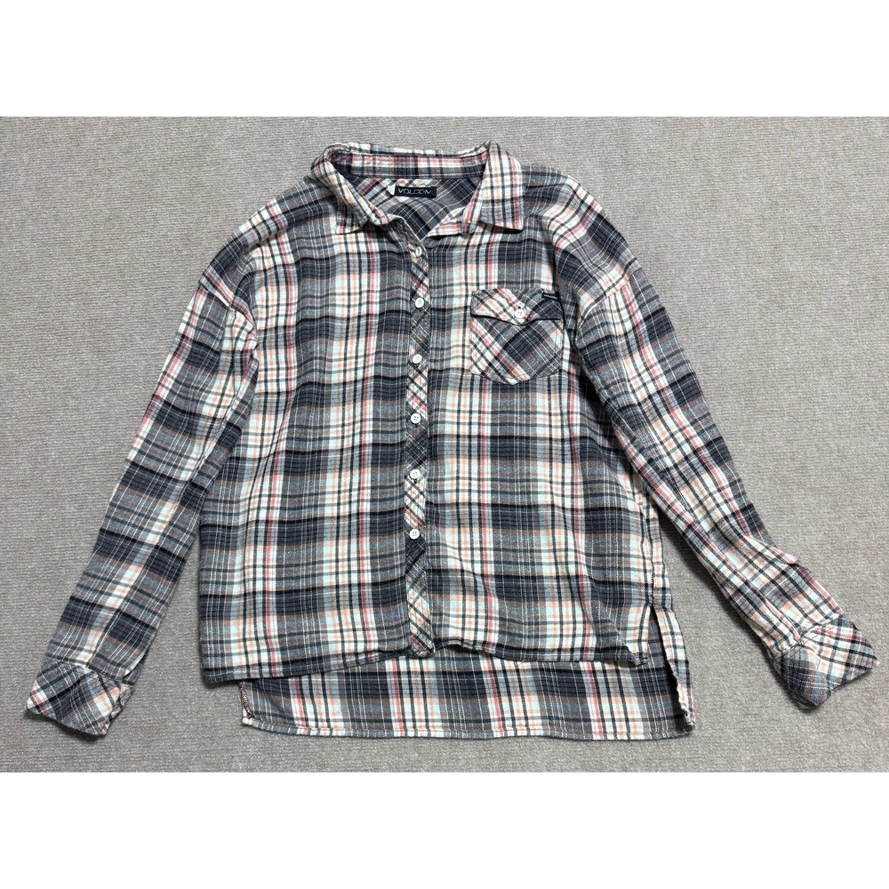 Volcom Shirt Womens Small Gray‎ Plaid Long Sleeve Button Up Flannel Casual Top
